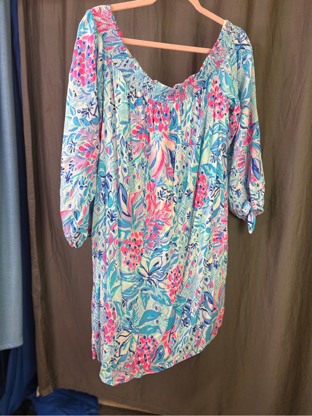 Lilly Pulitzer Aqua & Pink Floral Off-Shoulder Midi Dress